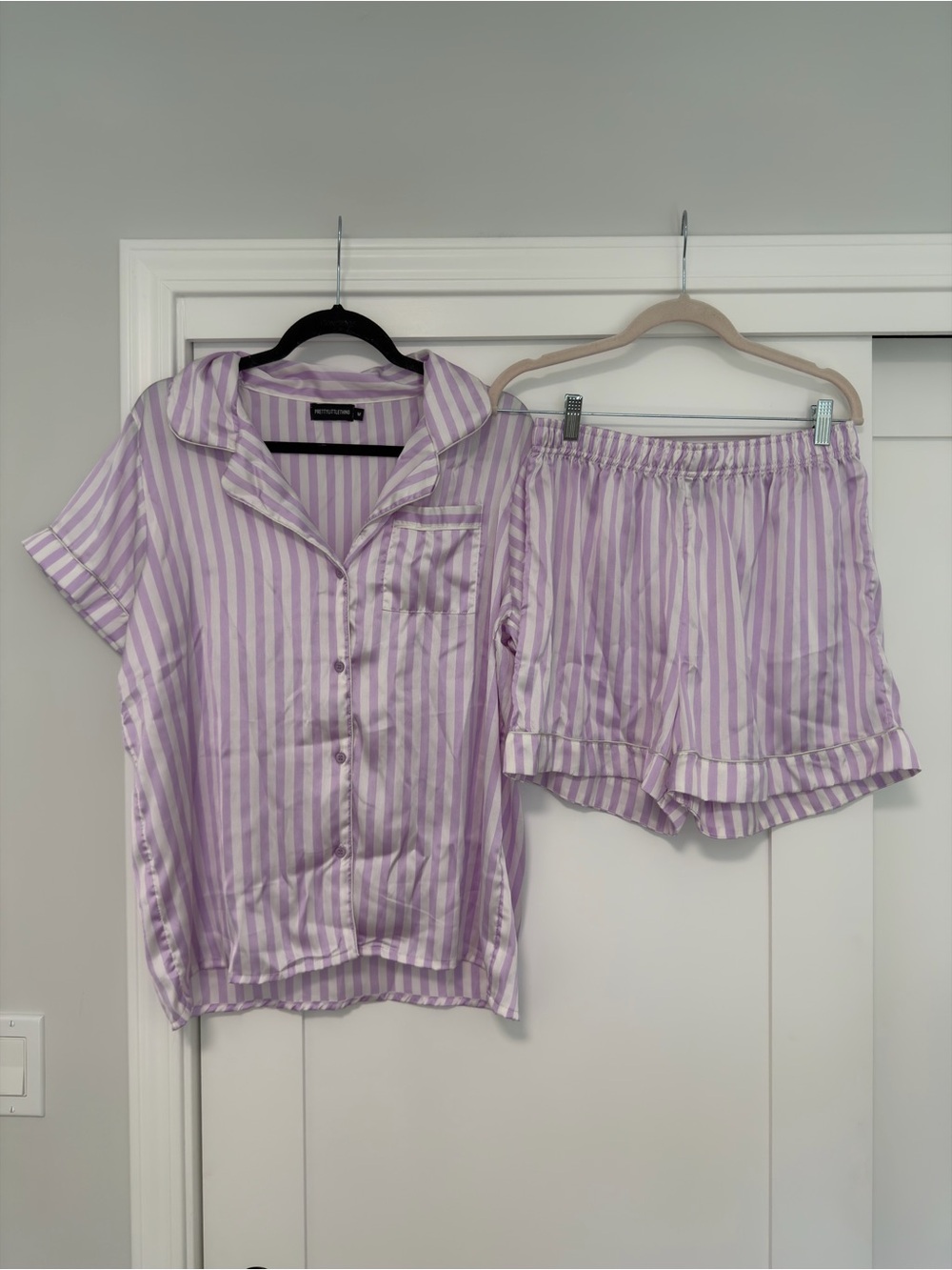 PrettyLittleThing Lavender and White Striped Satin Short Pajama Set